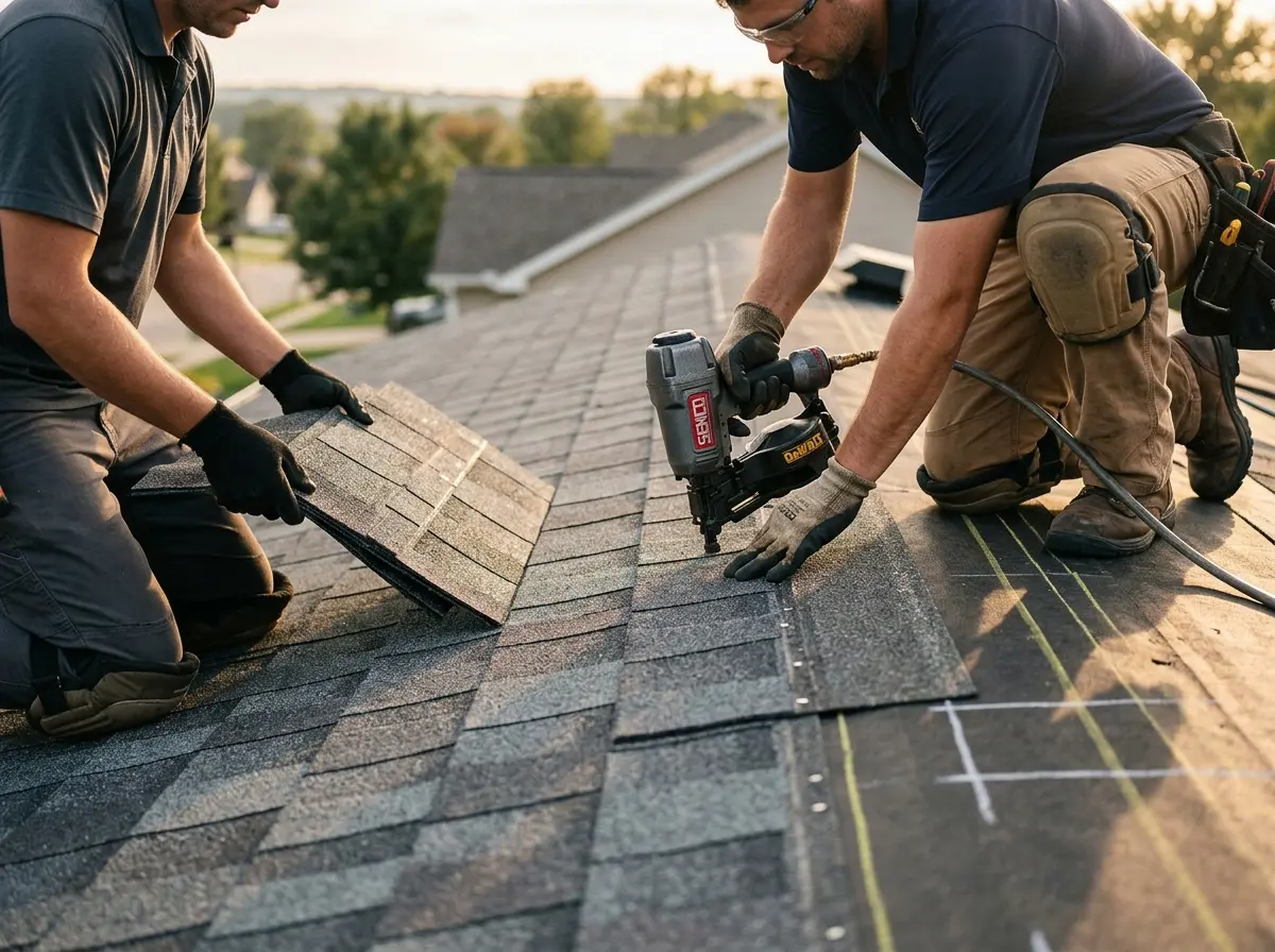 Professional roofer working on a residential roof in Airway Heights